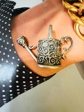 Ornate Silver Watering Can Pendant brooch- Silver